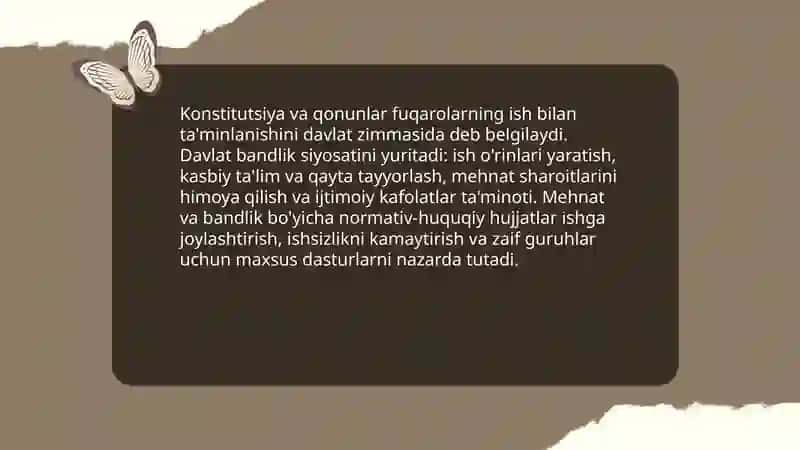Fuqorolar ni ish bilan Ta'minlash xuquqiy va using davlat tomonidan kafolatlanishi 4