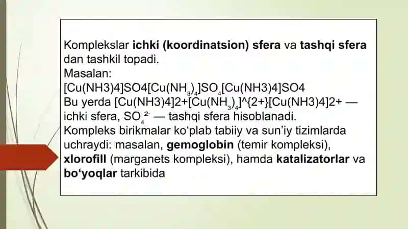 Kompleks birikmalar eritmadagi muvozanati, koordinatsion qobiqdagi ligandlarning o‘zaro ta’sirlashuvi 4