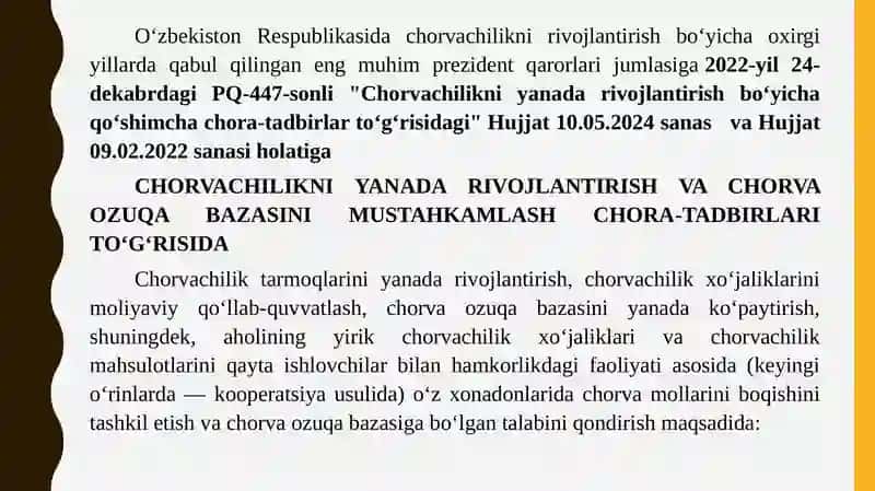 Chorvachilikni rivojlantirish sohasida so’nggi yillarda qabul qilingan Prezident qarorlari 4
