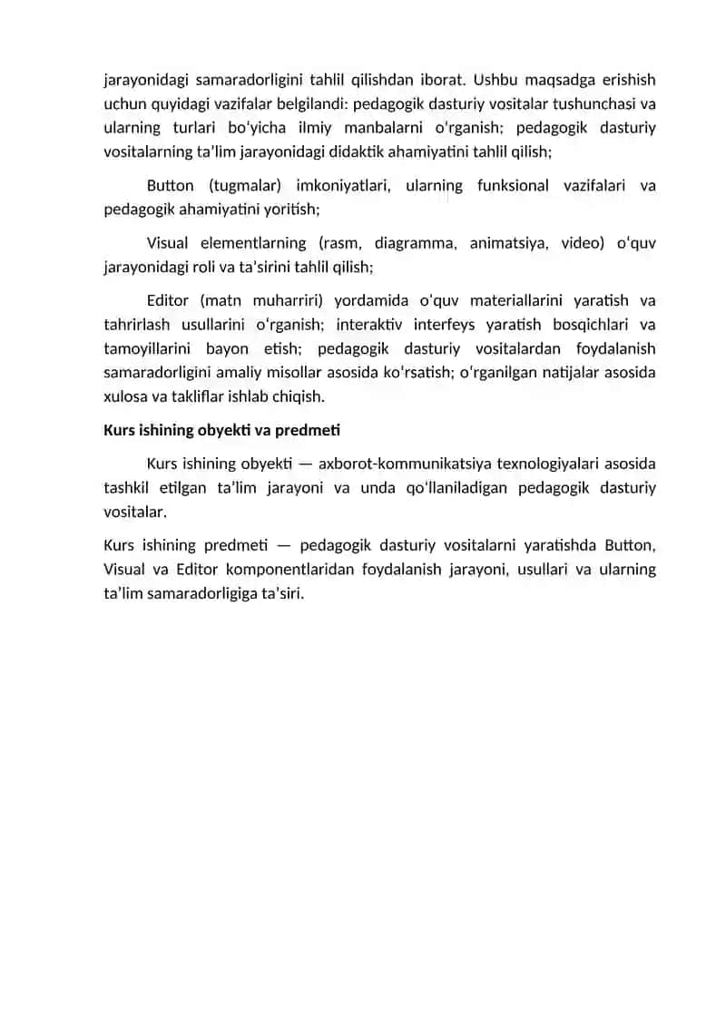 Pedagogik dasturiy vositalar yaratishda Button, Visual va Editor imkoniyatlaridan foydalanish 4