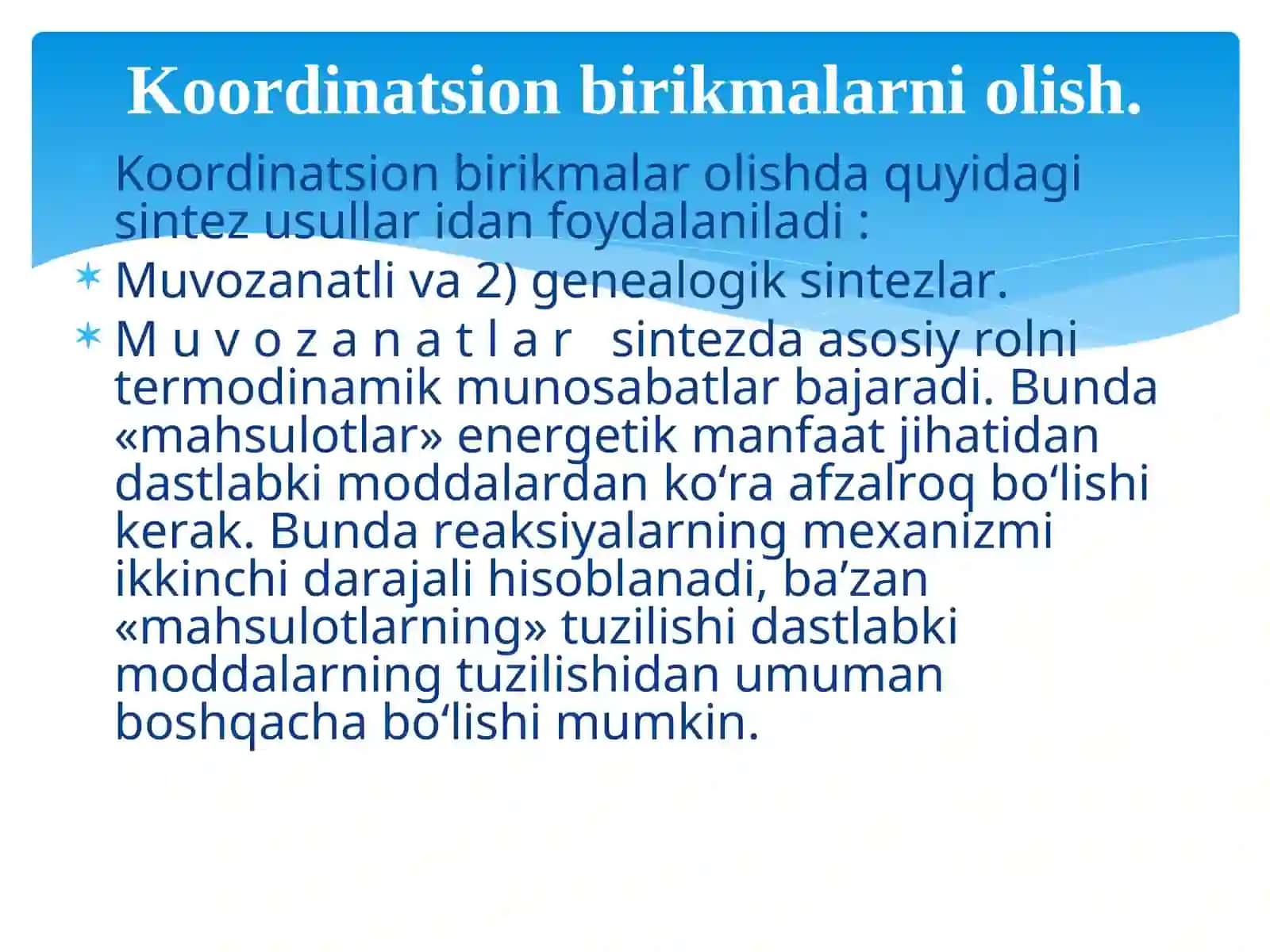 Kompleks birikmalar. Vernerning koordinatsion nazariyasi. Koordinatsion nazariyaning holatlari 4