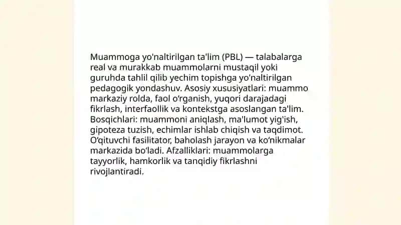 Ta'lim metodlari va vositalari, ta'limni tashkil etish shakllari va turlari 4