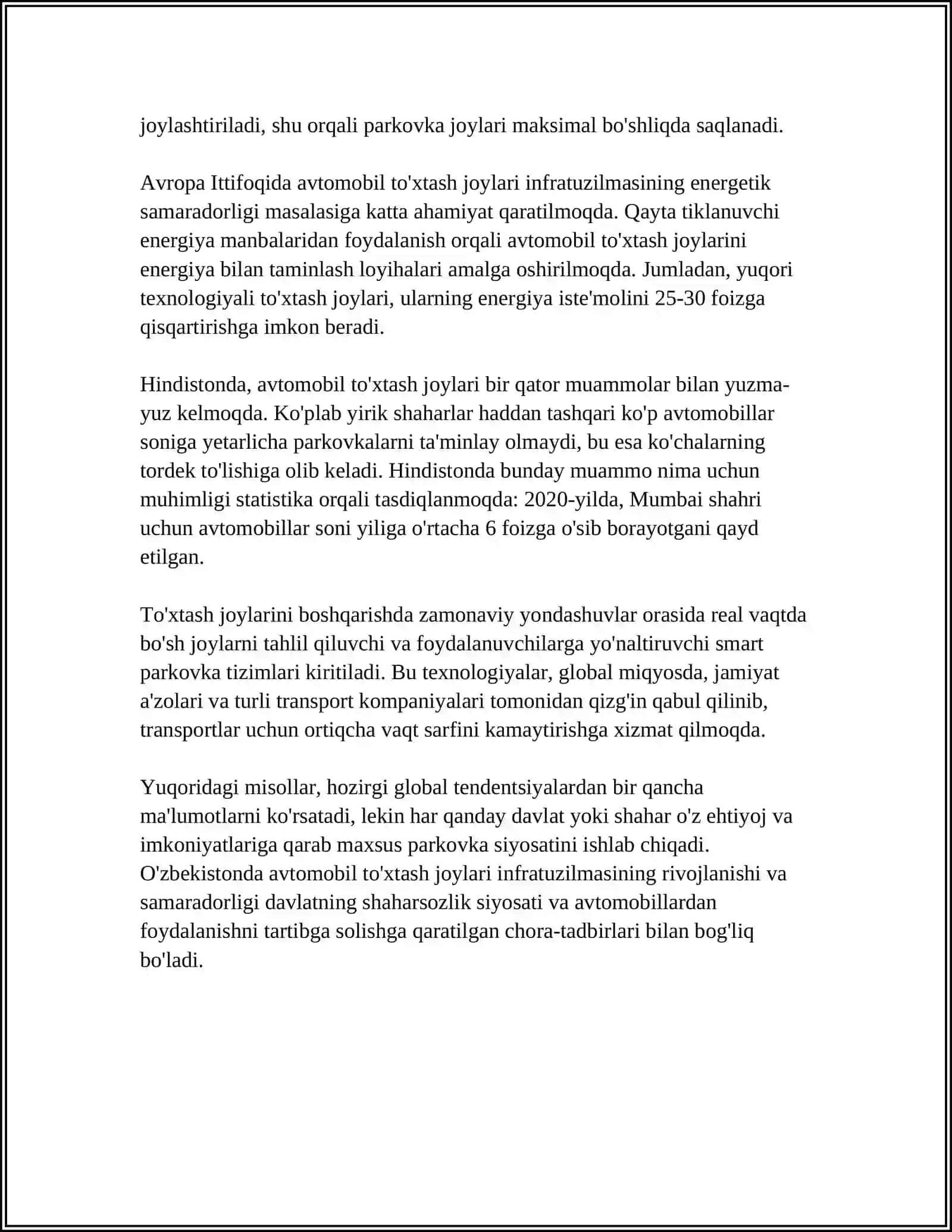 AVTOMOBIL TURATUǴIN ORINLARǴA MÚTÁJLIKTI ESAPLAW 4