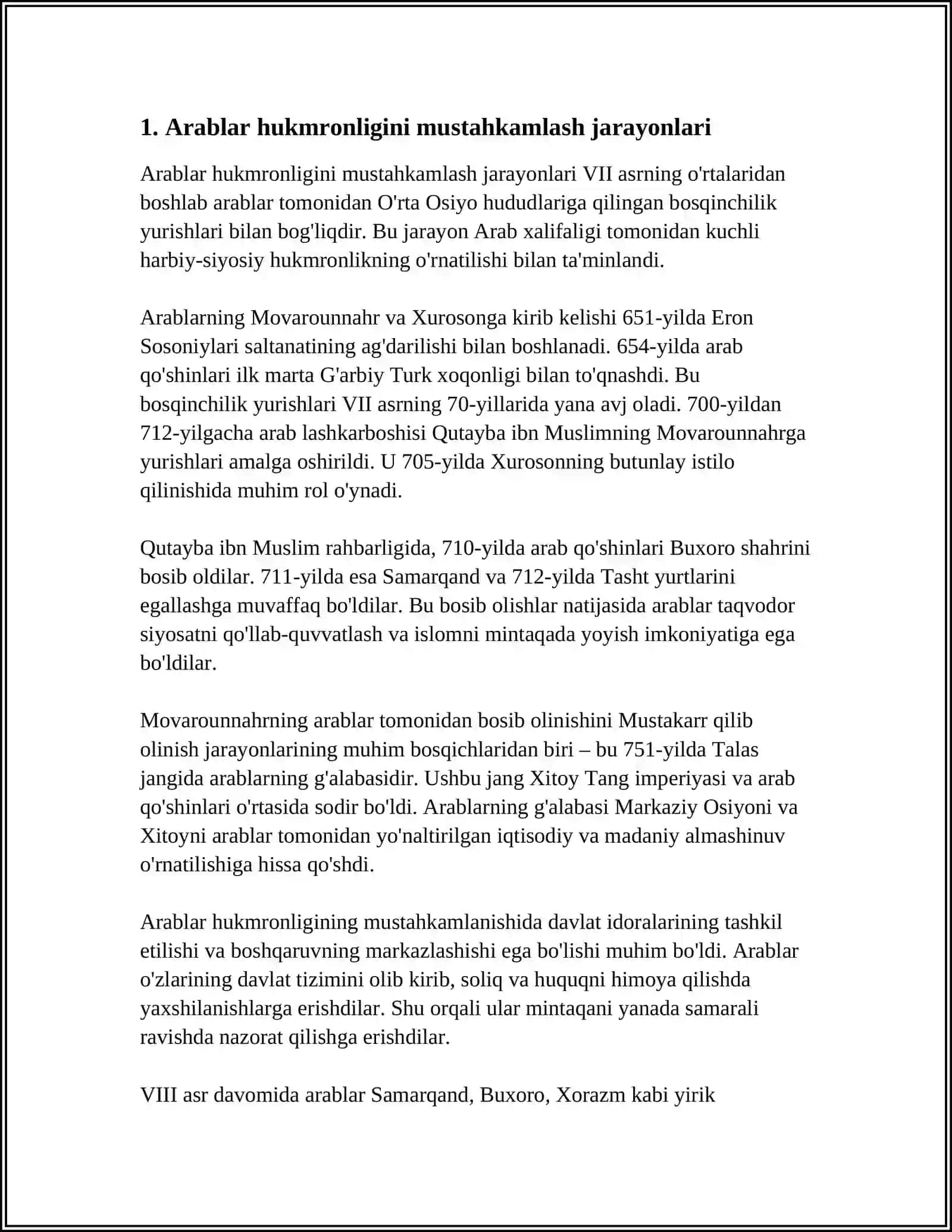 O’RTA OSIYODA ARABLAR HUKMRONLIGINING O’RNATILISHI VA ISLOM HUQUQINING ASOSIY BELGILARI 4