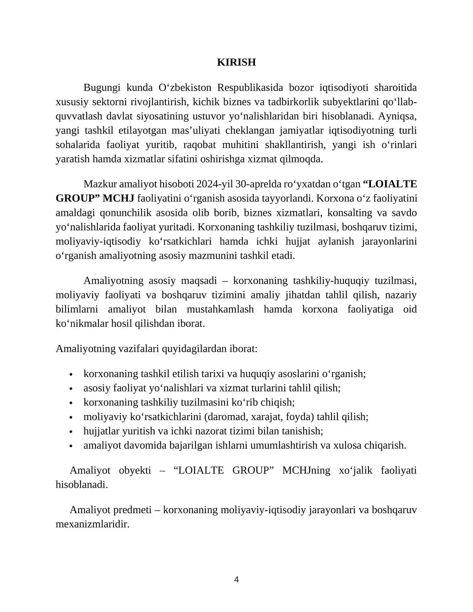 "Konsalting va biznes xizmatlari ko‘rsatish, marketing va savdo faoliyati" MCHJ Amaliyoti 4