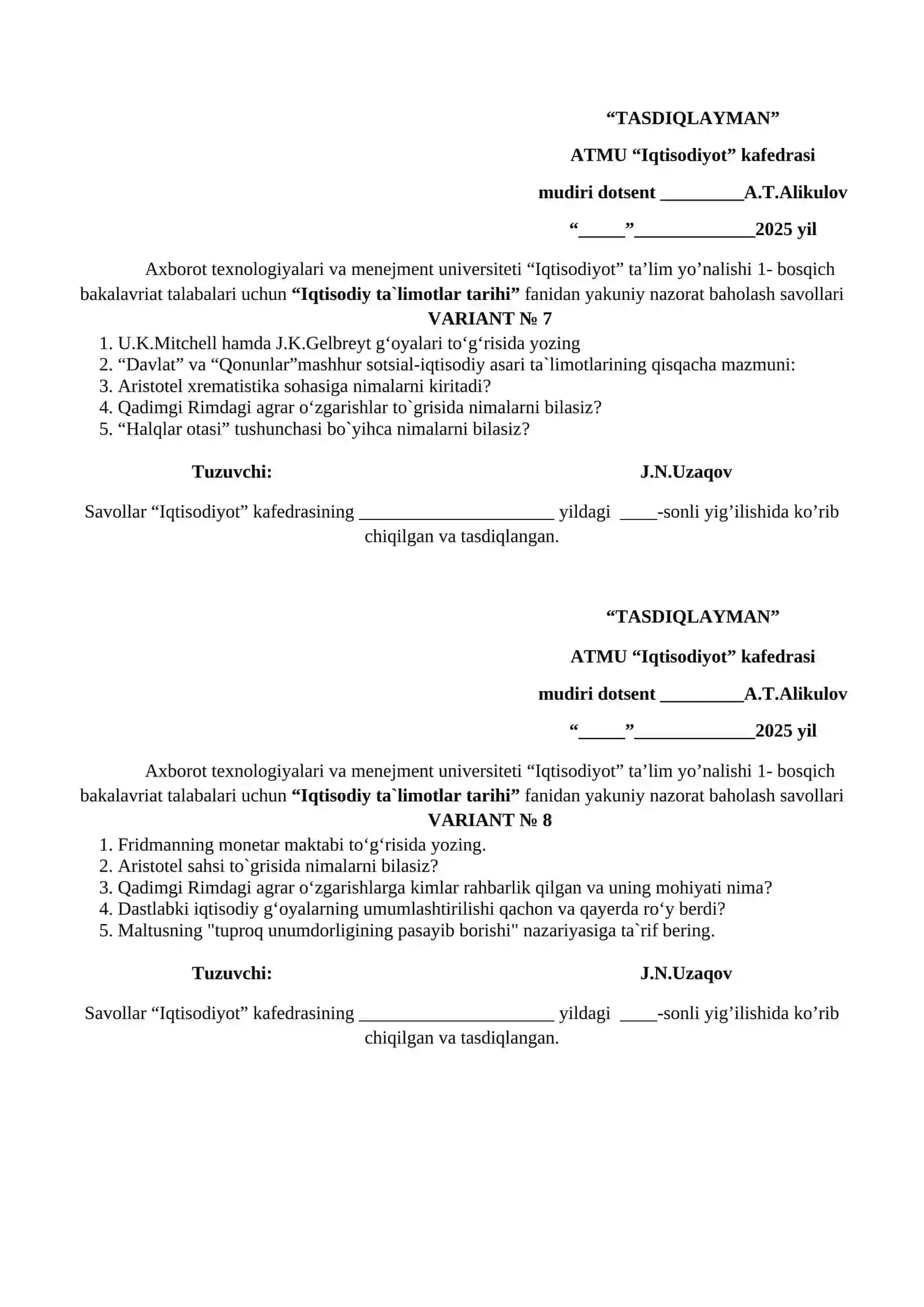 Iqtisodiy ta‘limotlar tarihi fanidan yakuniy nazorat baholash savollari 4