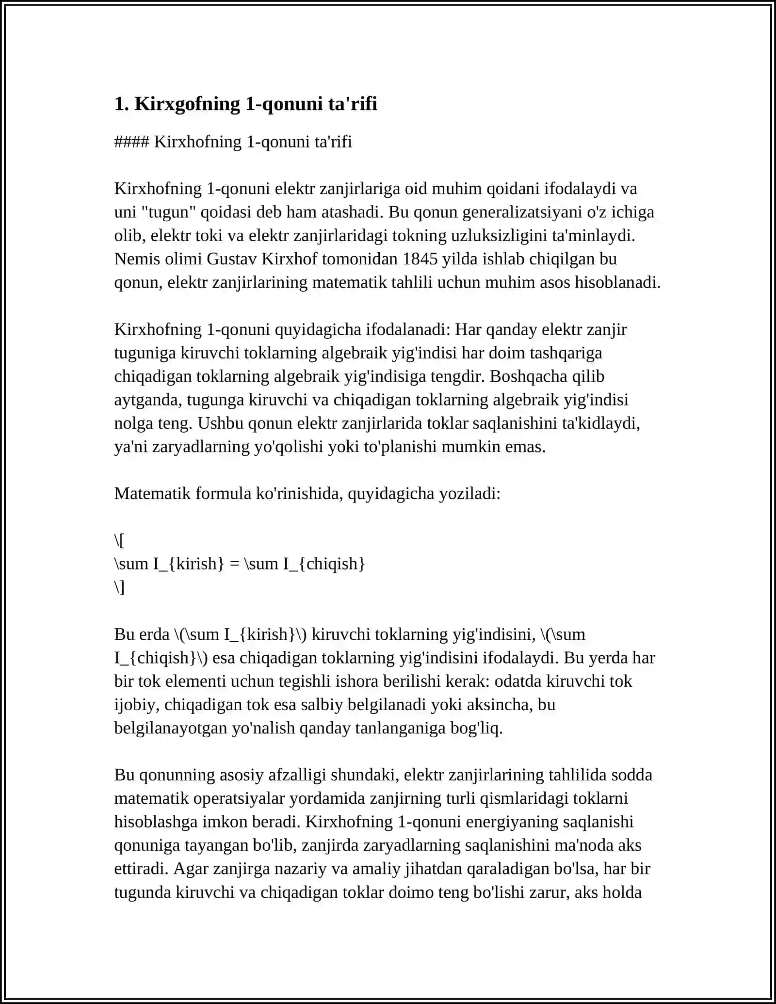 ELEKTR SXEMALARNI KIRXGOFNING 1- QONUNLARI ASOSIDA HISOBLASH 4