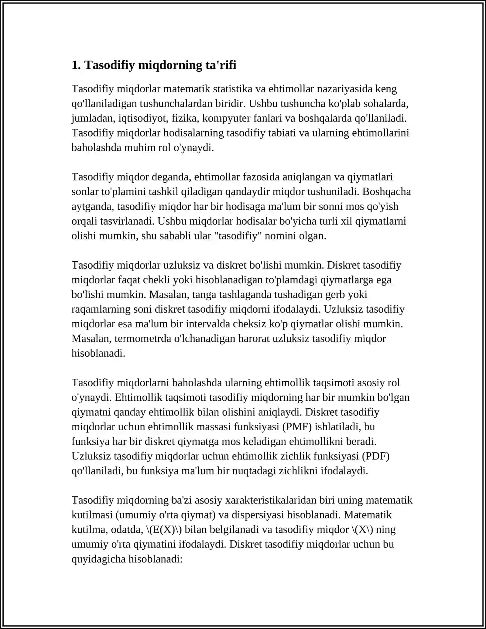 TASODIFIY MIQDORNING MATEMATIK KUTILMASI. TASODIFIY MIQDORNING DISPERSIYASI 4