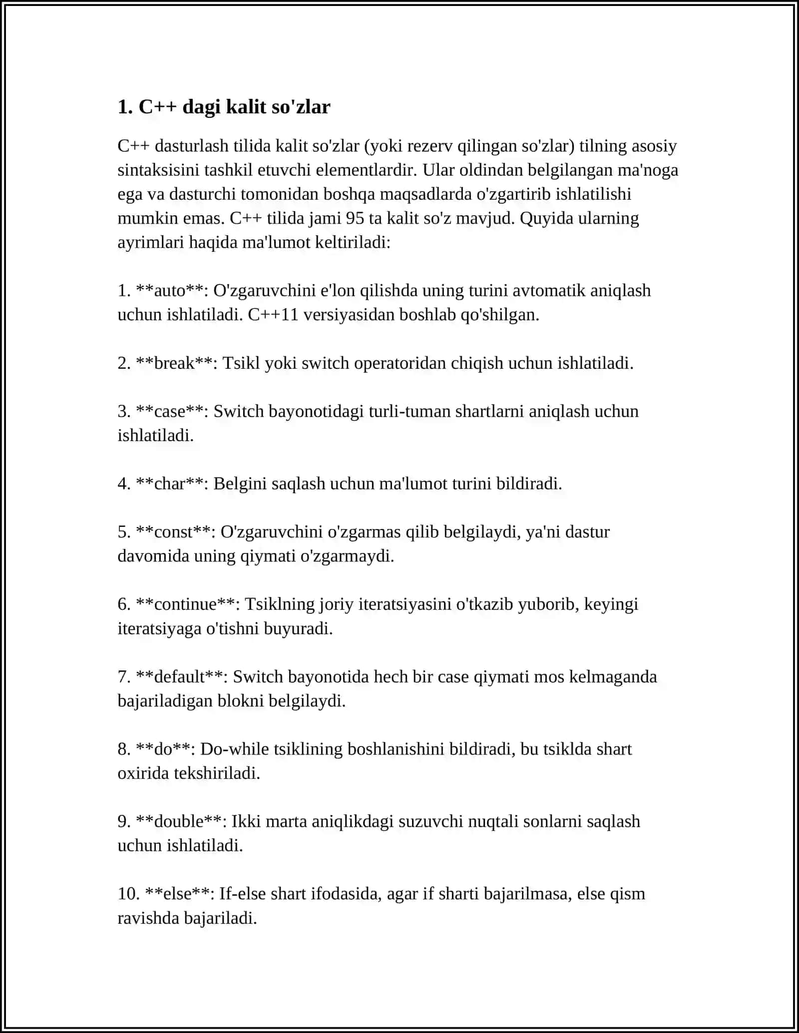 C++ DASTURLASH TILIDAGI KALIT SÓZLAR VA REZERV SÓZLAR 4