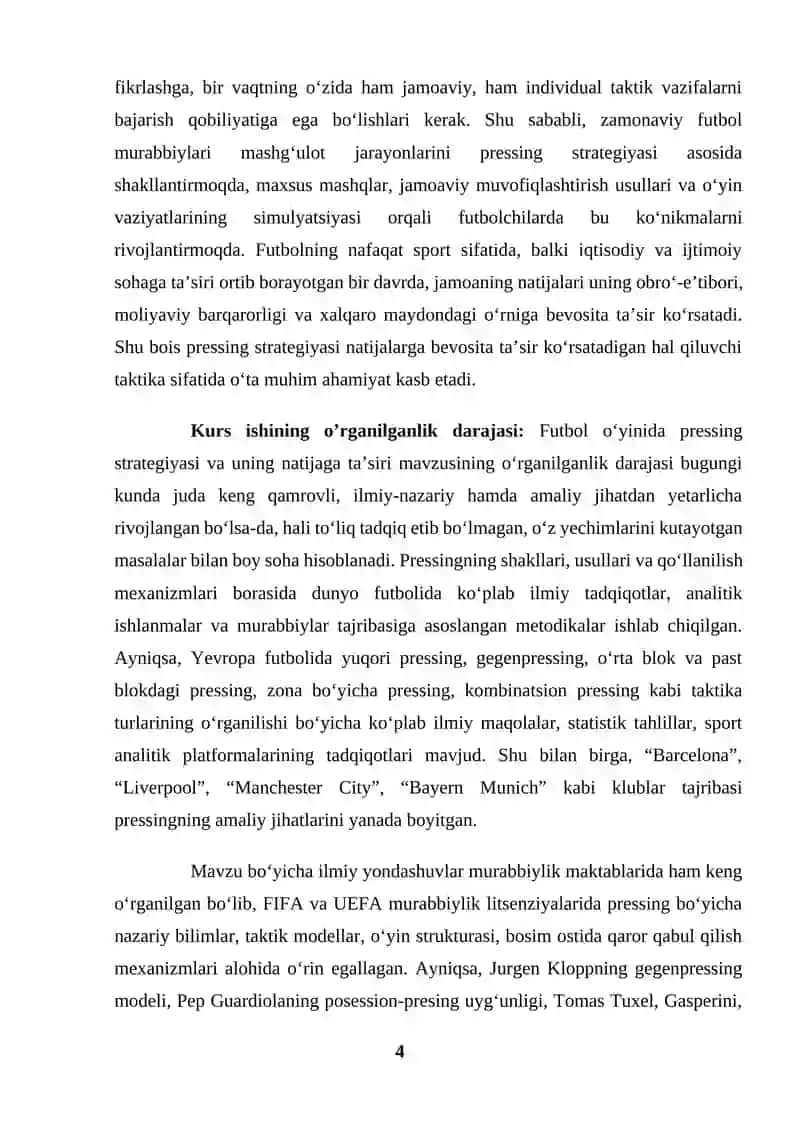 Futbol o'yinida pressing strategiyasi va uning natijaga ta`siri (KURS ISHI) 4