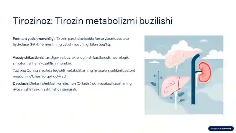 Aminokislotalar almashinuvi bilan kechuvchi kasalliklar (FKU, tirozinoz, sistinoz, gomosistinuriya, alkaptonuriya) 4