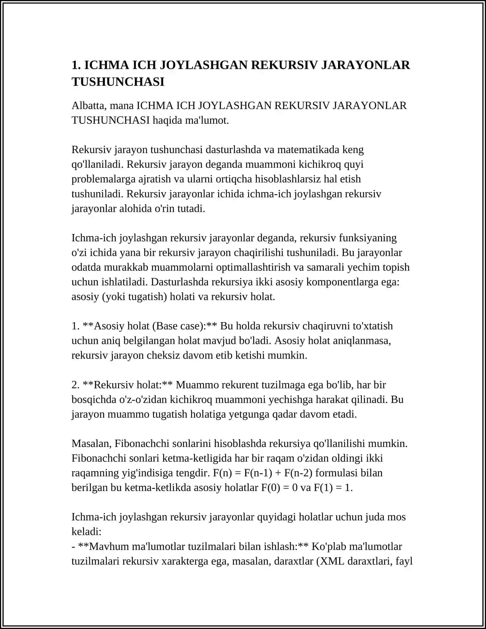 ICHMA ICH JOYLASHGAN REKURSIV JARAYONLARNI TASHKIL ETISH 4