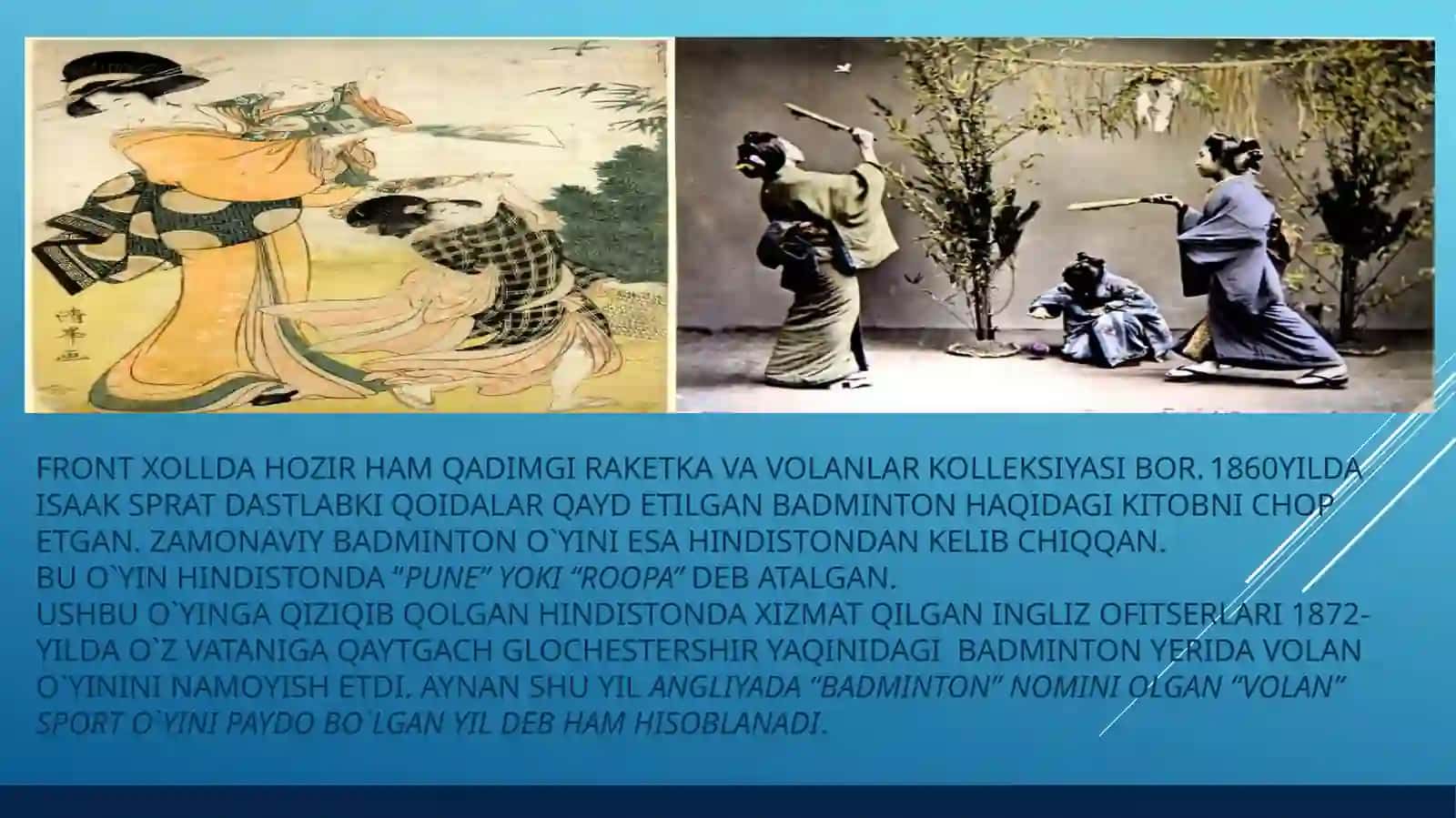 Badminton o‘yinining kelib chiqish tarixi, texnikasi va taktikasiSadriddinova. z. m 4