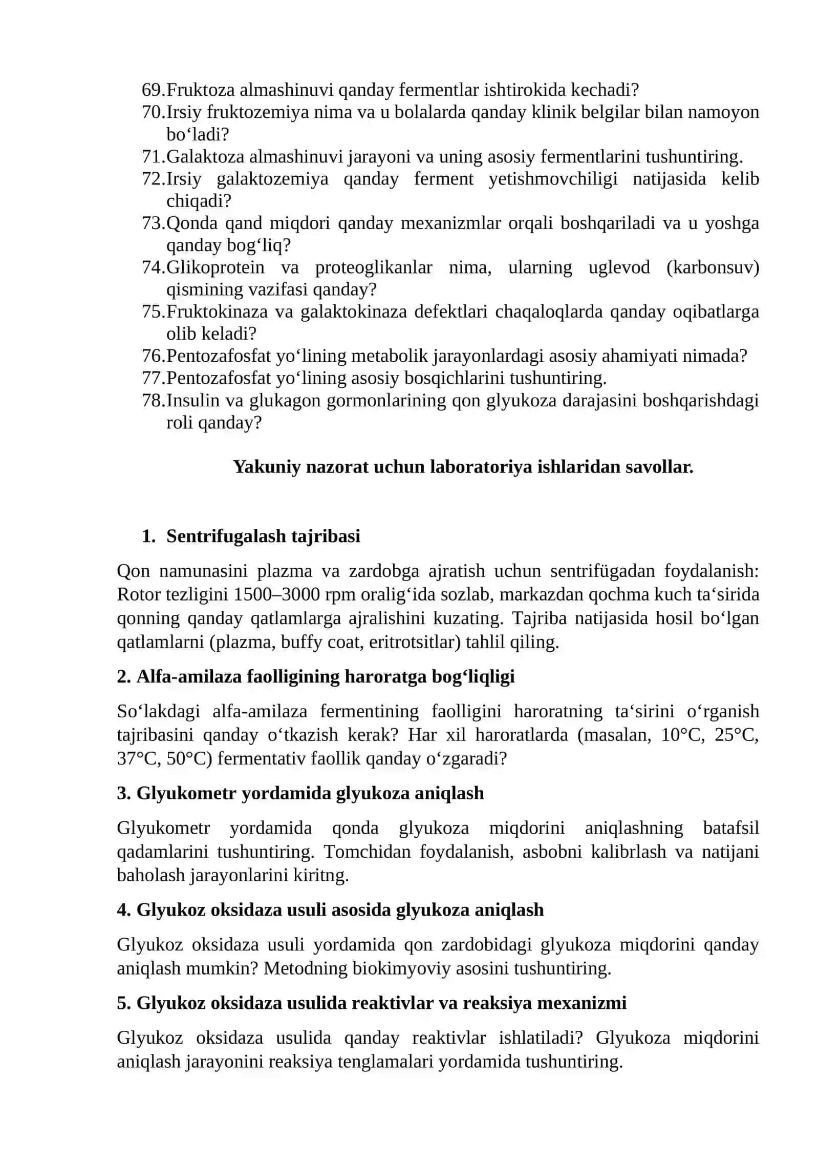 Biologik kimyo farmatsevtika kafedrasi Biokimyo fanidan yakuniy nazorat savollari 4