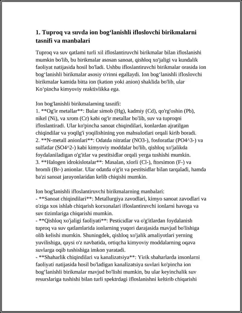 Tuproq va suvda ion bog'lanishli ifloslovchi birikmalarni tasnifi va manbalari 4