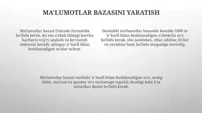 Oʻzbek tilida“A” harfi bilan boshlanuvchi oʻzak soʻzlarni aniqlovchi dastur 4