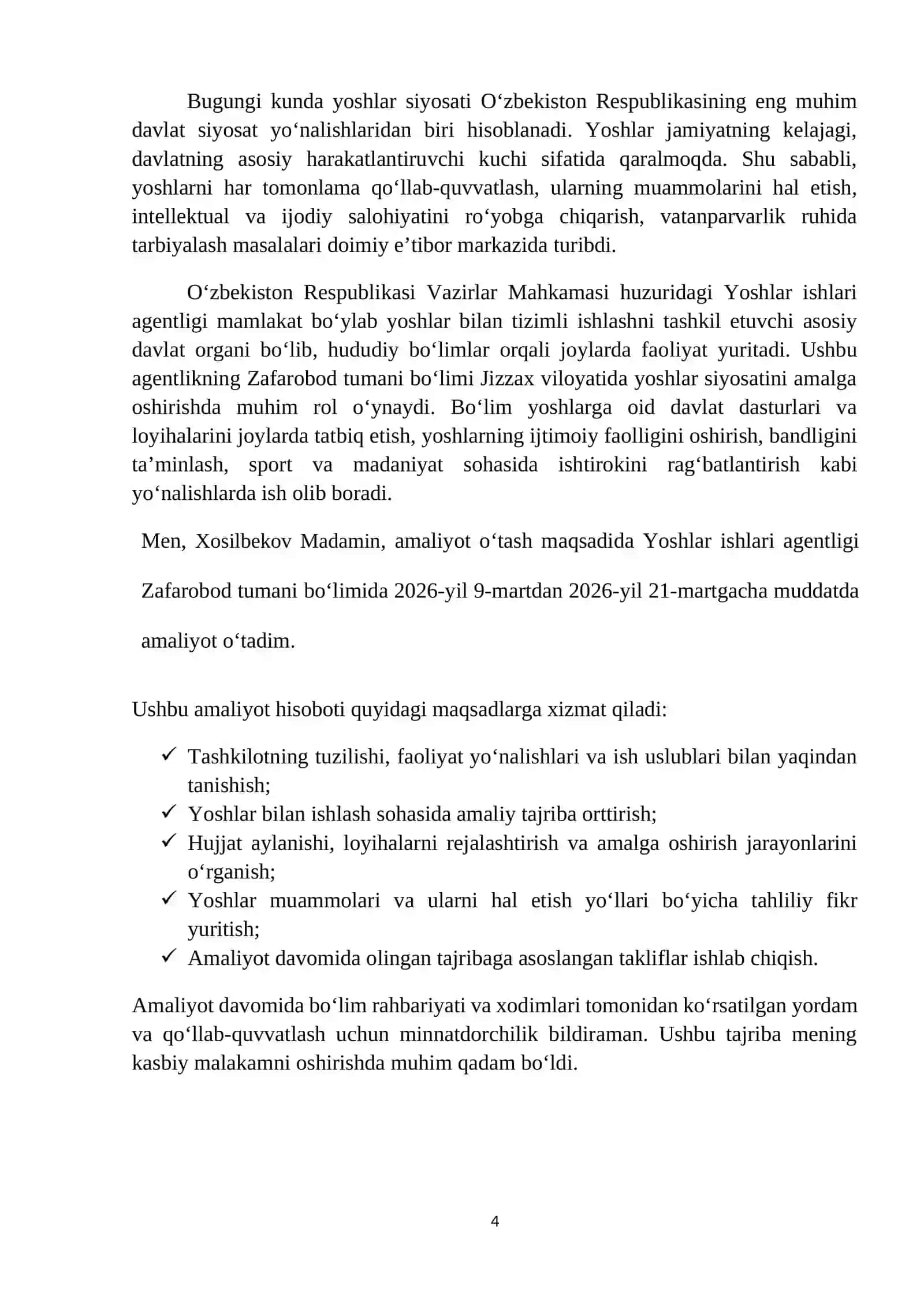 Yoshlar ishlar agentligi faoliyati boʻyicha amaliyot hisoboti. 4