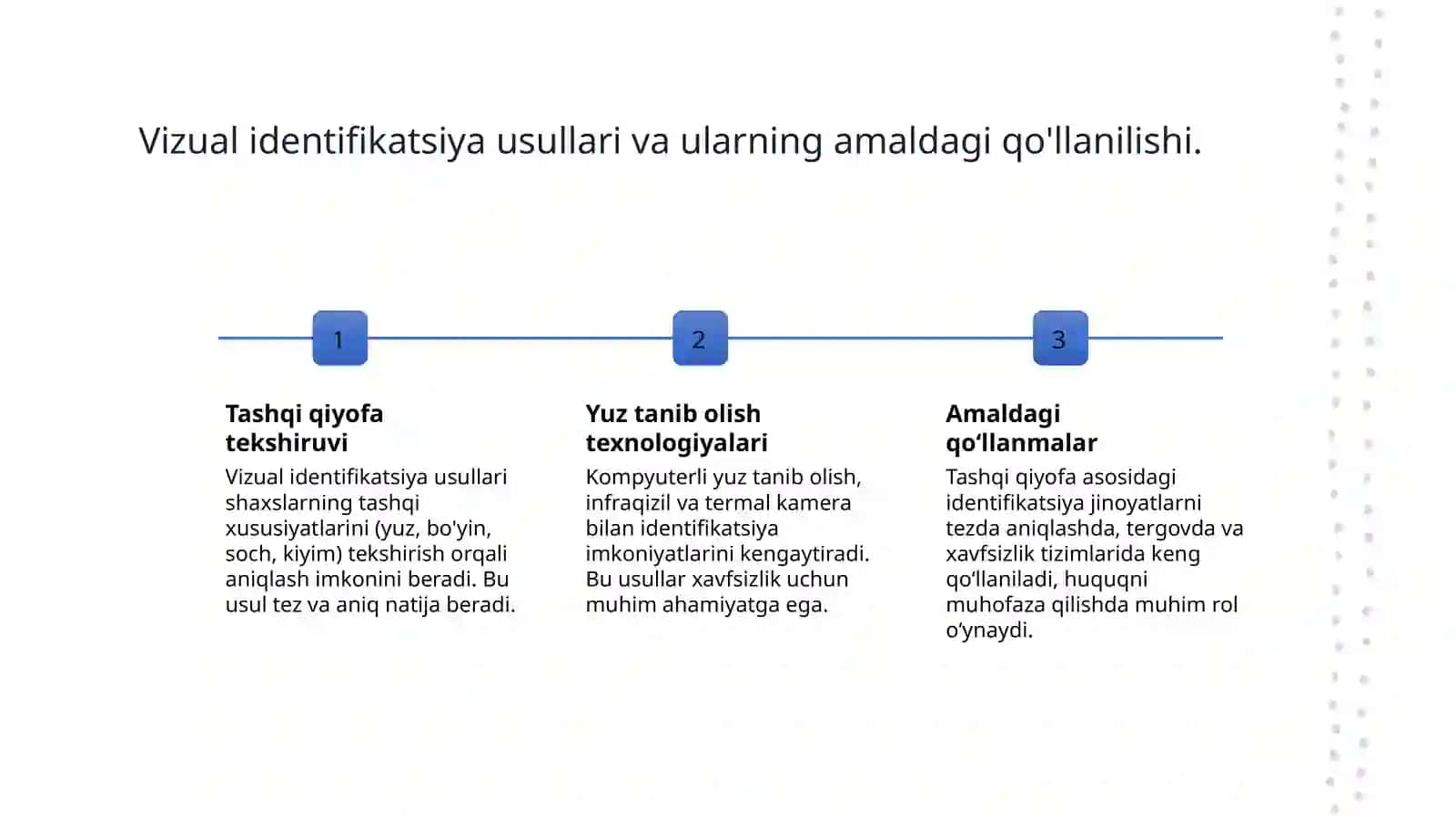 Odamlarni tashqi qiyofa belgilari asosida identifikatsiya qilish. Kriminalistik ro'yxatga olish. Kriminalistik taktikaning umumiy qoidalari. Tergovni rejalashtirish va tashkil etish. 4