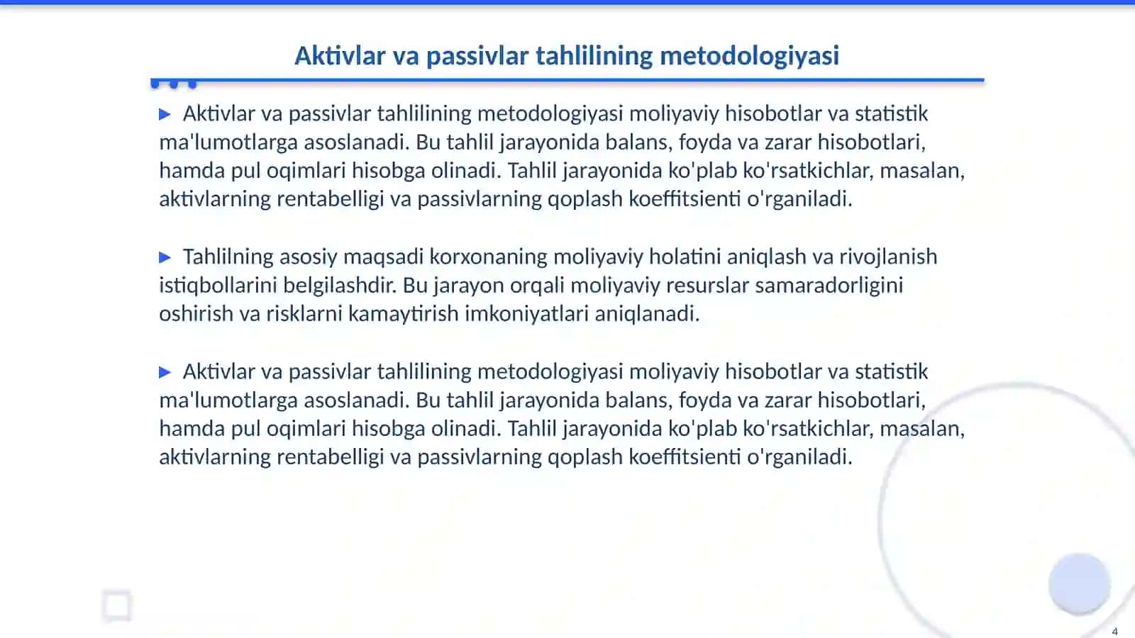 Tarmoqqa qarab aktivlar va passivlar tarkibining xususiyatlari 4