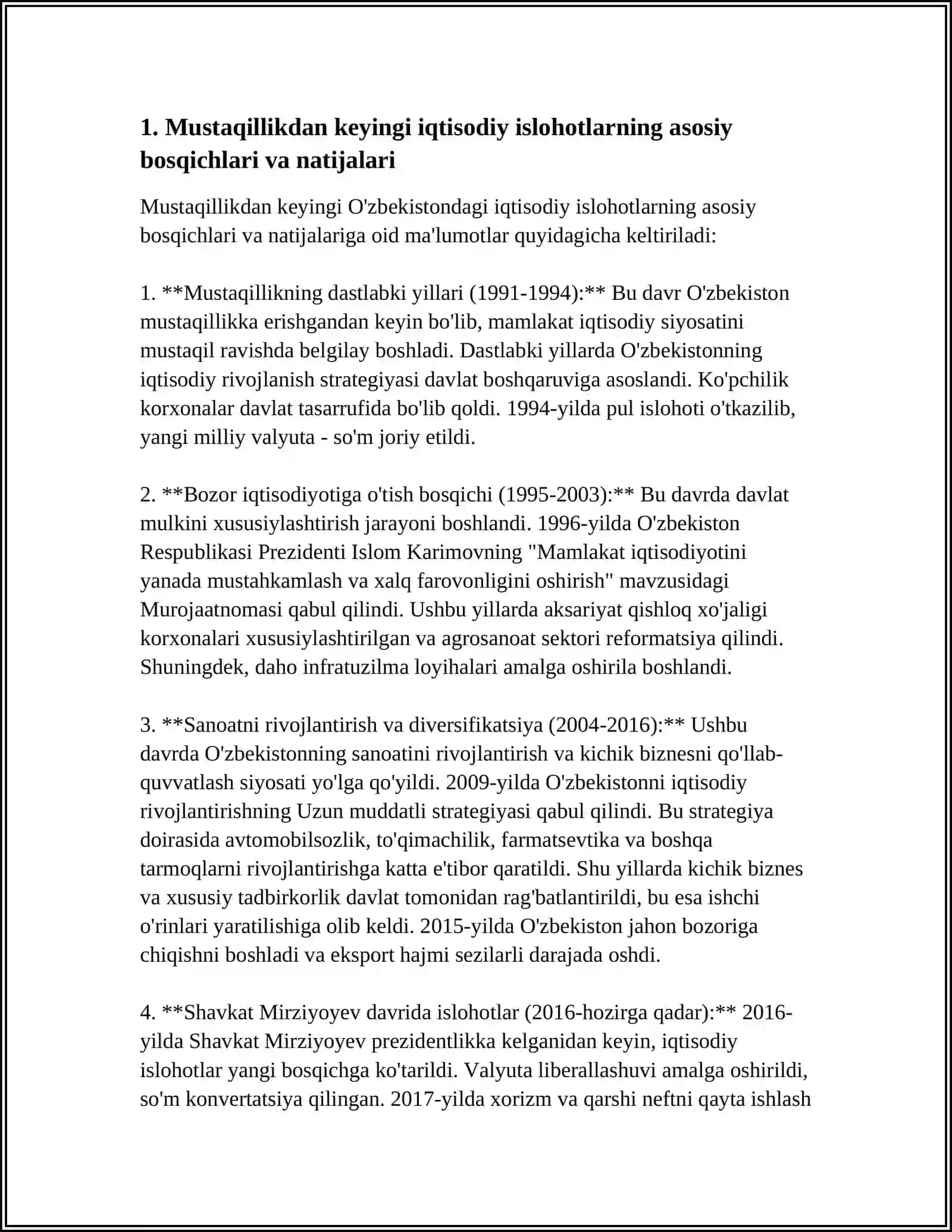 IQTISODIY ISLOHOTLAR, XUSUSIY MULKCHILIKNING SHAKLLANISHI. OʻZBEKISTONDA BOZOR MUNOSABATLARINI RIVOJLANISHI 4
