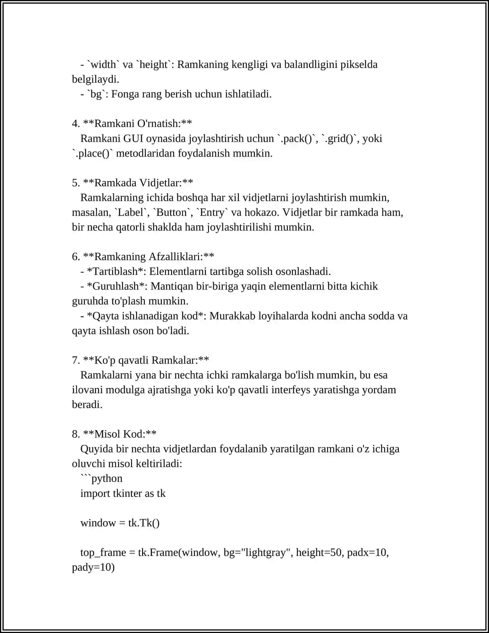 Tkinterda Ramka(FRAME) va Konteyner Vidjeti 4