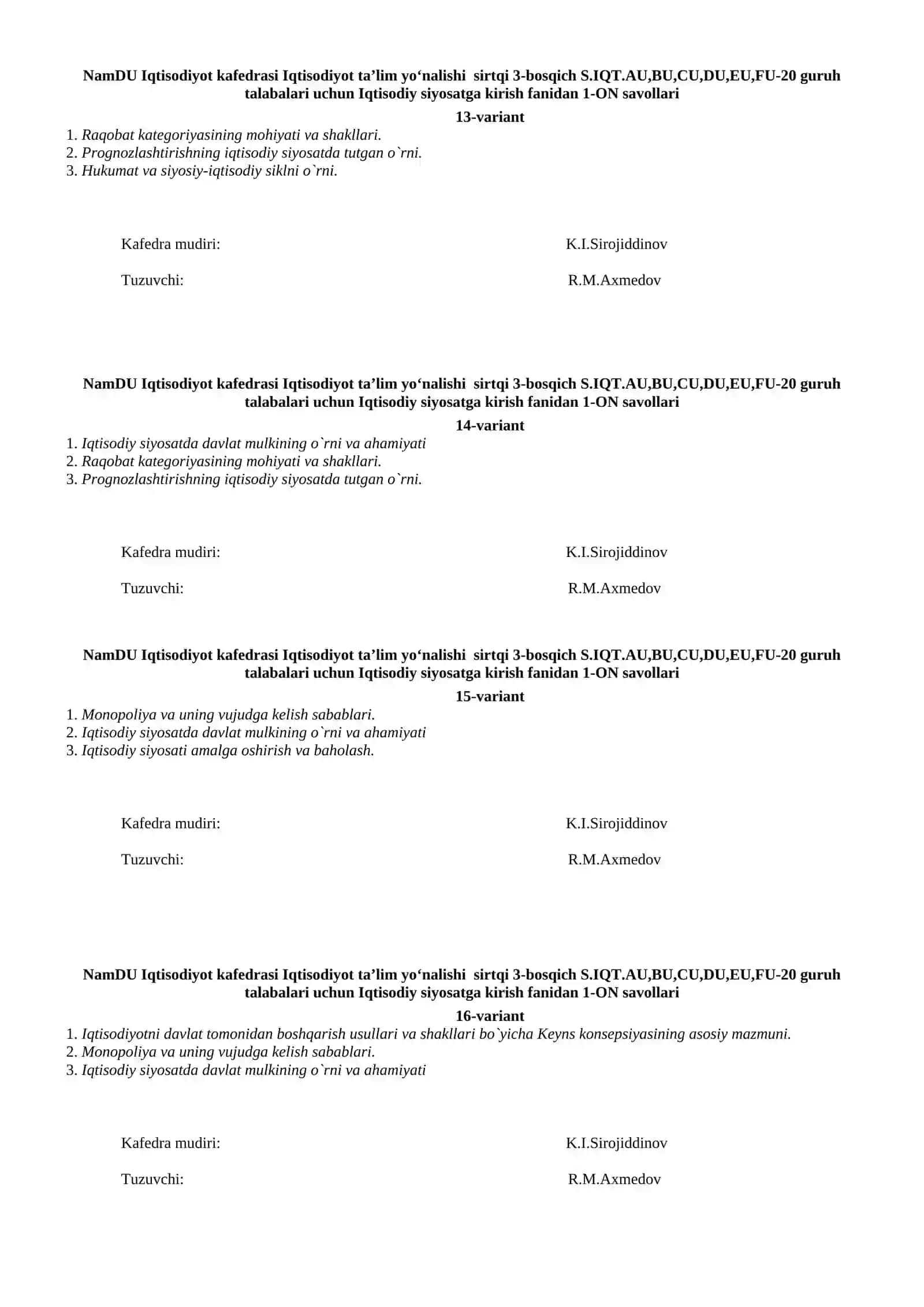 Iqtisodiy siyosatga kirish fanidan 1-ON savollari 4