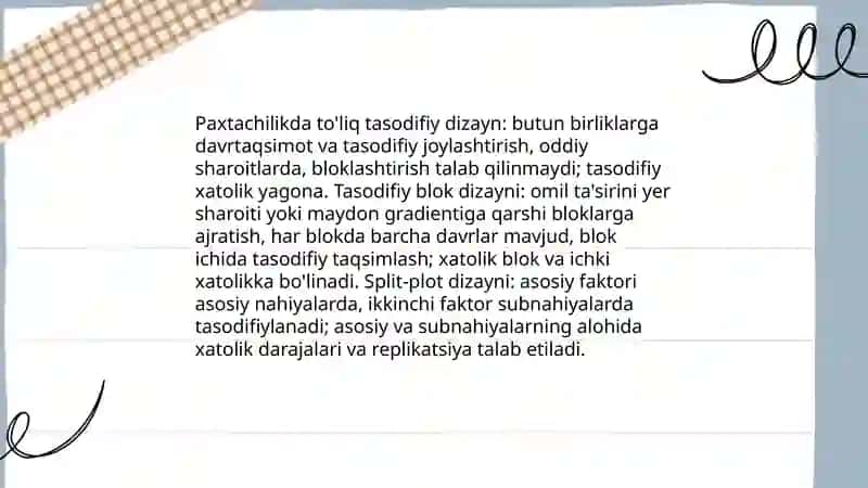 Paxtachilik eksperimentlarini rejalantirish 4