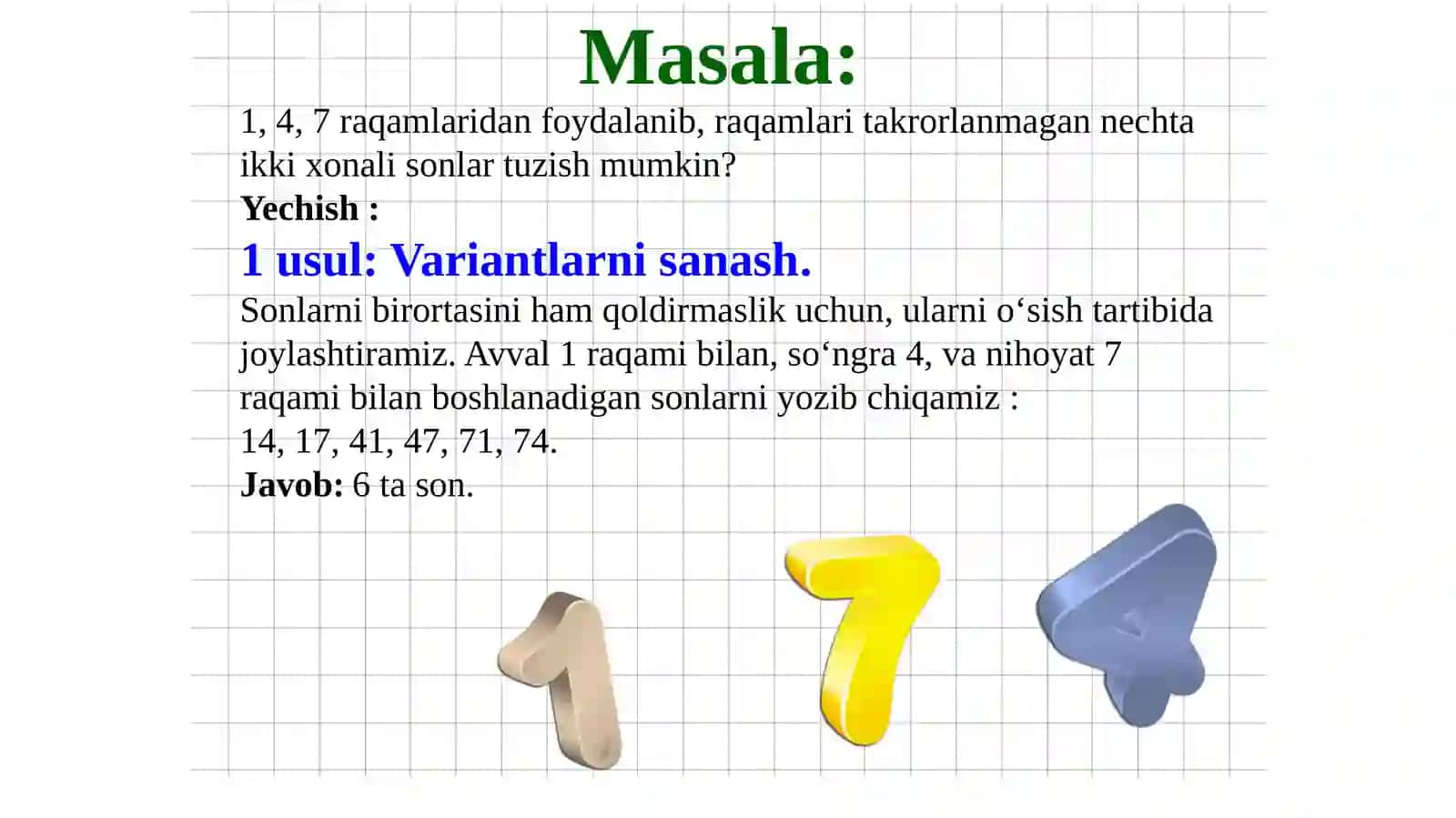 Tanlash usuli bilan kombinatorik masalalarni yechish 4
