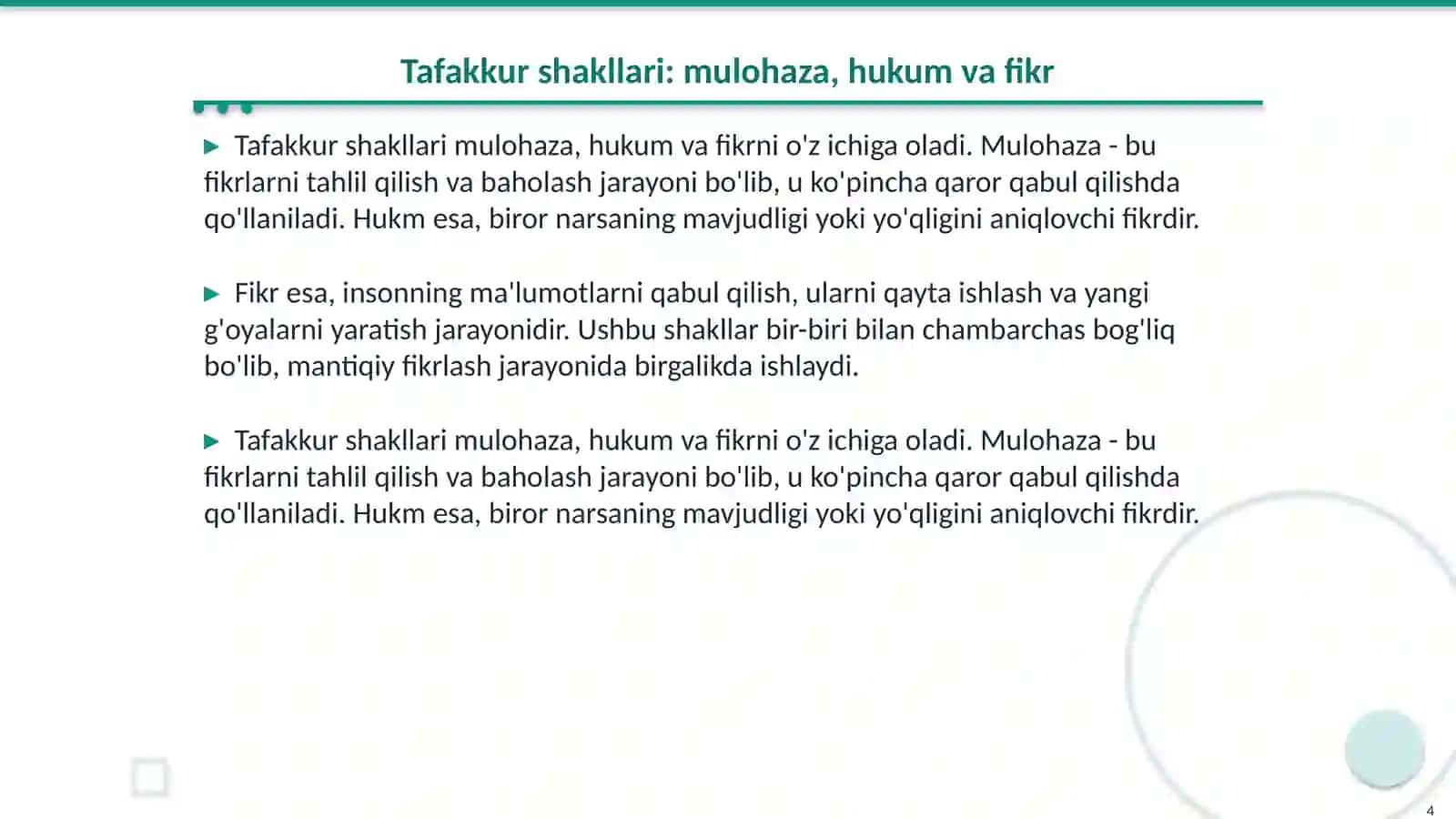 Mantiq. Tafakkur shakllari tushuncha, hukum, mulohaza 4
