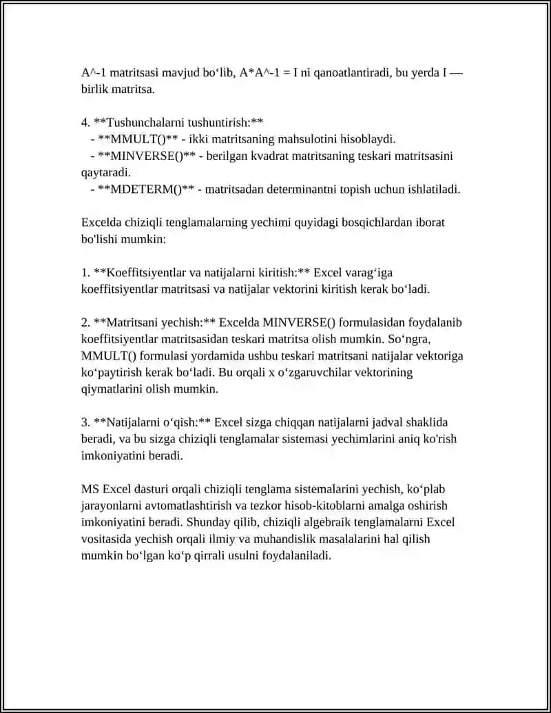 MS EXCEL DASTURI ELEKTRON JADVALIDA CHIZIQLI ALGEBRIK TENGLAMALAR SISTEMASINI YECHISH 4