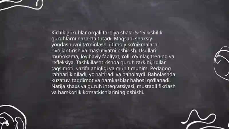 Tarbiya jarayonini tashkil etish shakllari 4