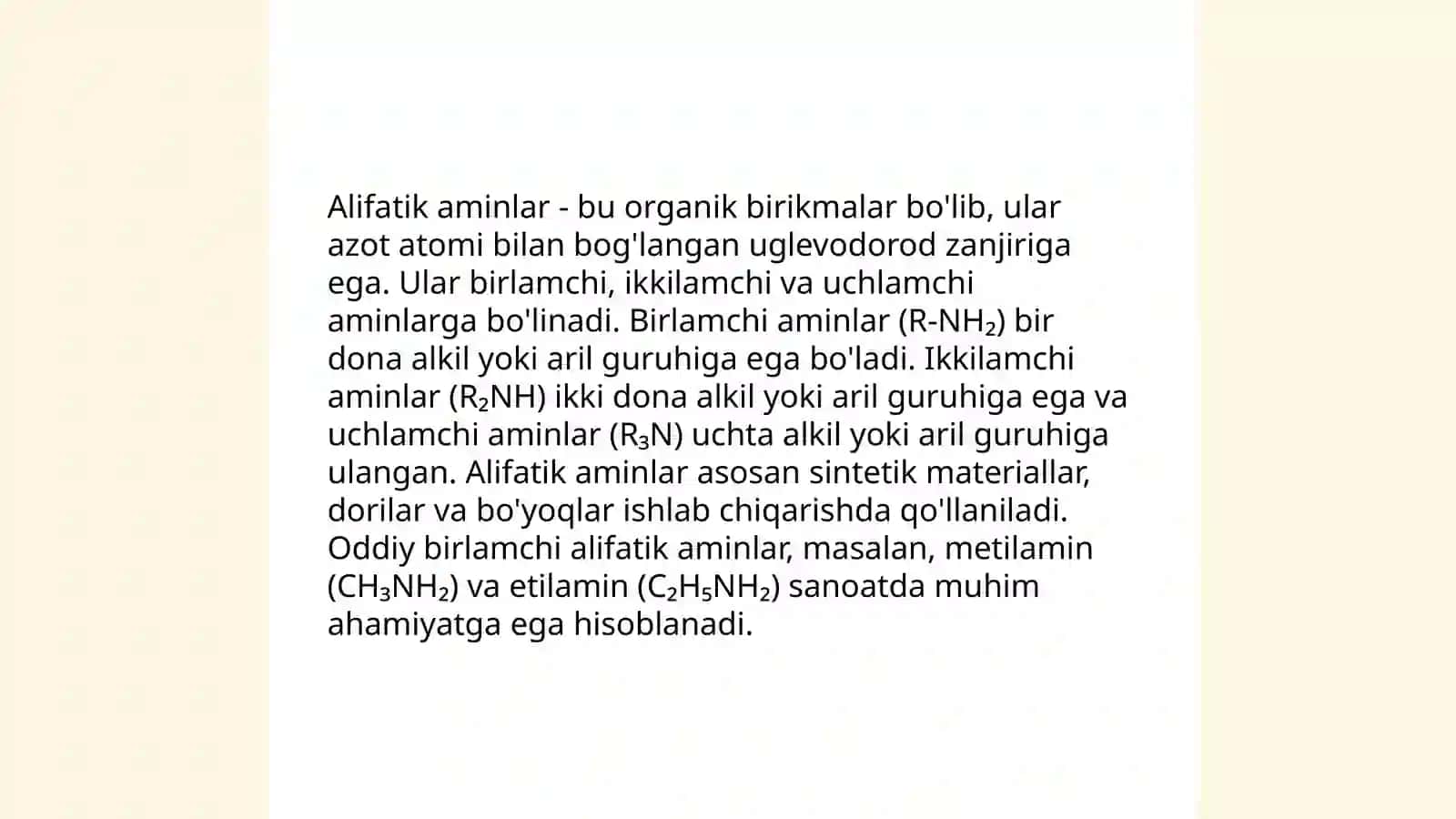 Alifatik va Aromatik aminlar. Aminlarning asosligi anilini xossalari 4