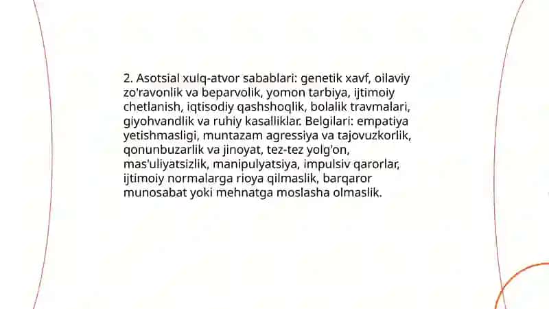 Psixologik muammolar, Asotsial xulq-atvor, Psixosomatik buzilish konsultatsasi 4