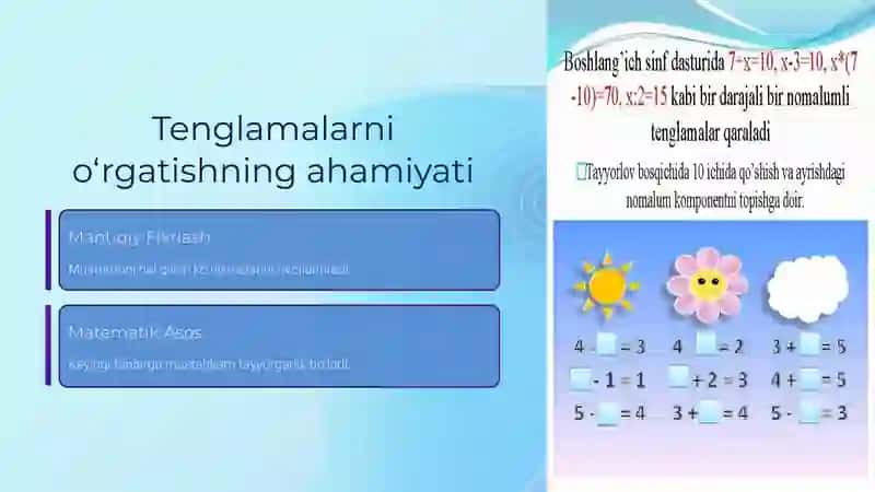 Boshlang`ich sinflarda tenglama va uni yechishga o`rgatish/taqdimot/slayd 4