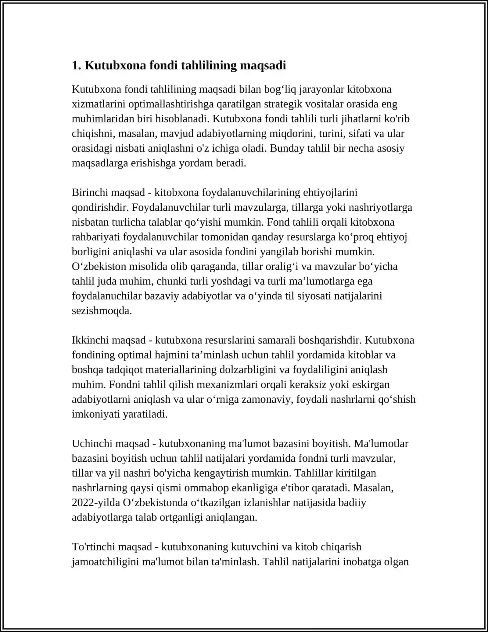 KUTUBXONA FONDI TAHLILI. HAQIDA MAʼLUMOT BERING 4