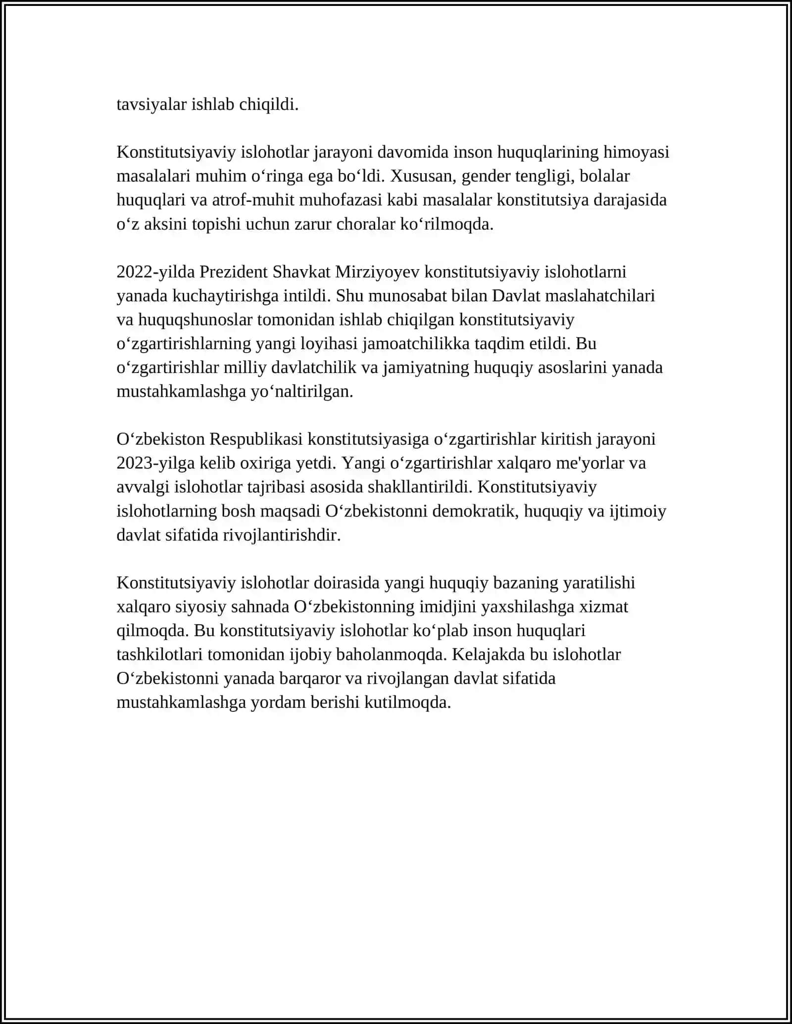 O`ZBEKISTON RESPUBLIKASI KONSTITUTSIYASIGA O'ZGARTIRISH VA QO'SHIMCHALAR KIRITISH TARTIBI 4