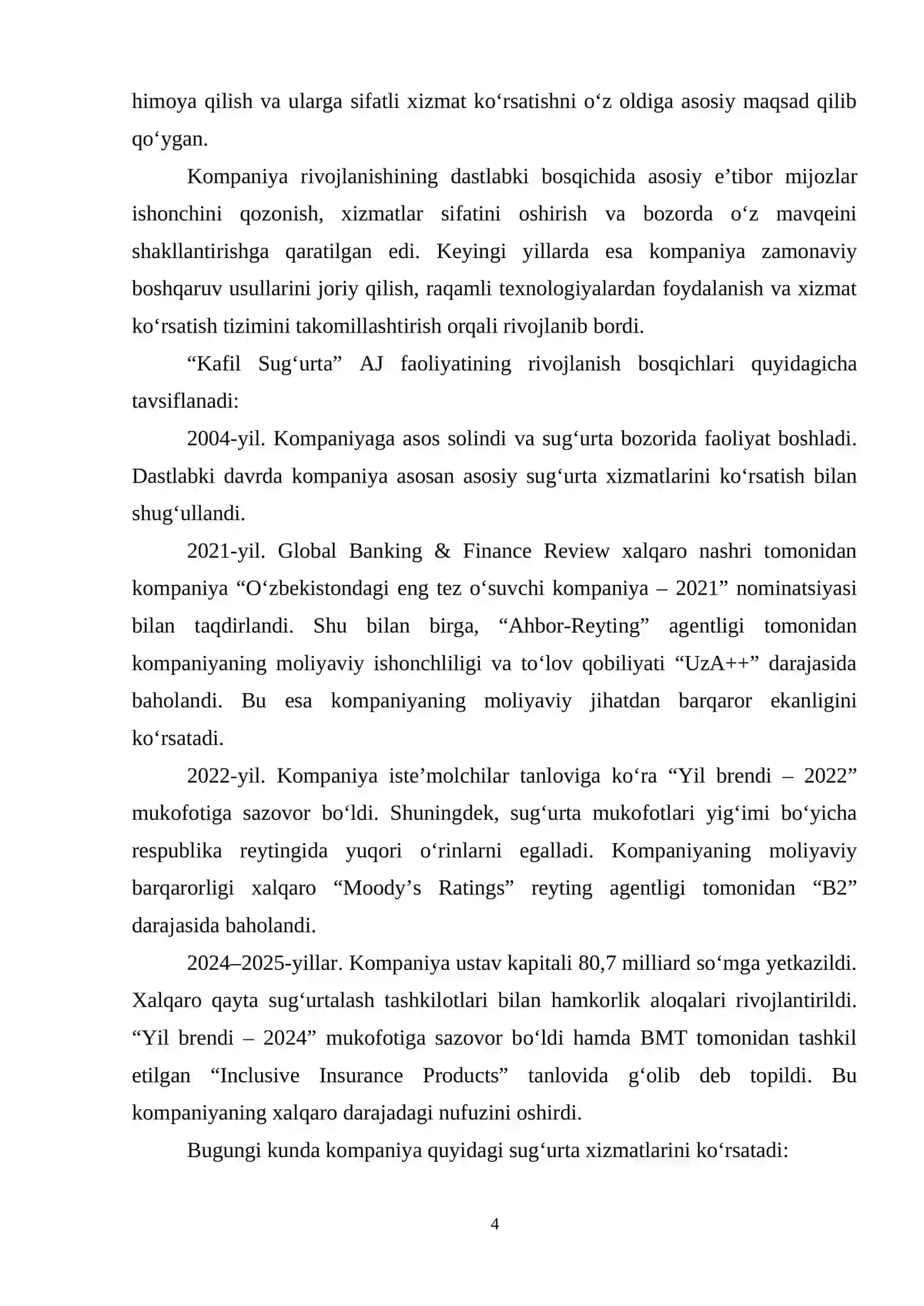MALAKAVIY AMALIYOT BO‘YIChA HISOBOT. Kafil sugʻurta boyicha 4
