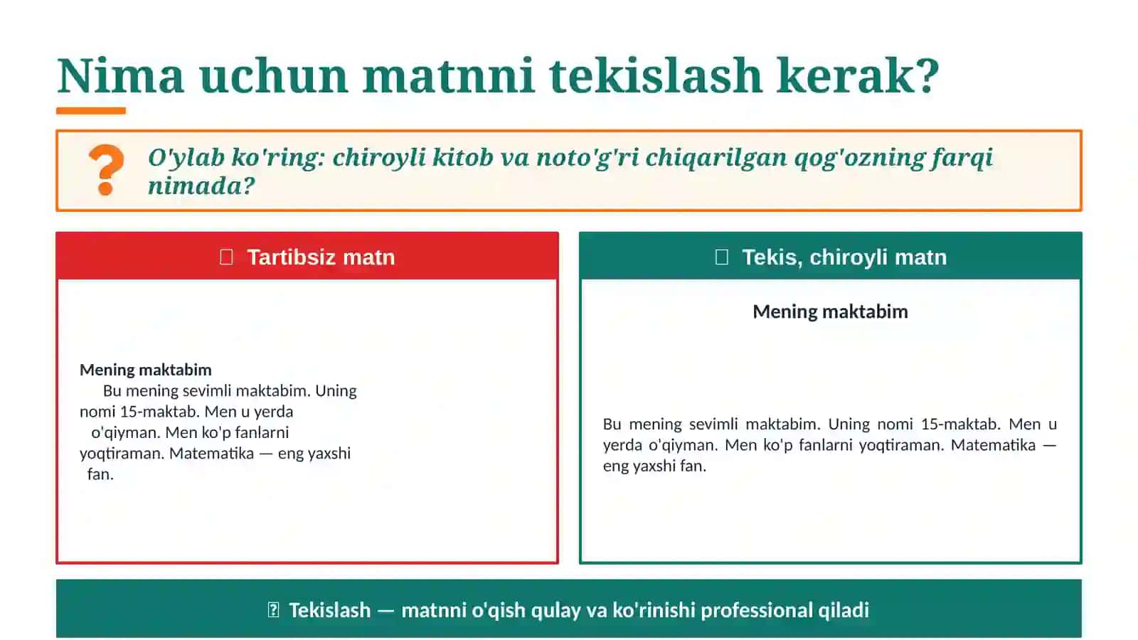 Microsoft Wordda matinlarni tekislash, ro'yhatlar va ramkalar. 4