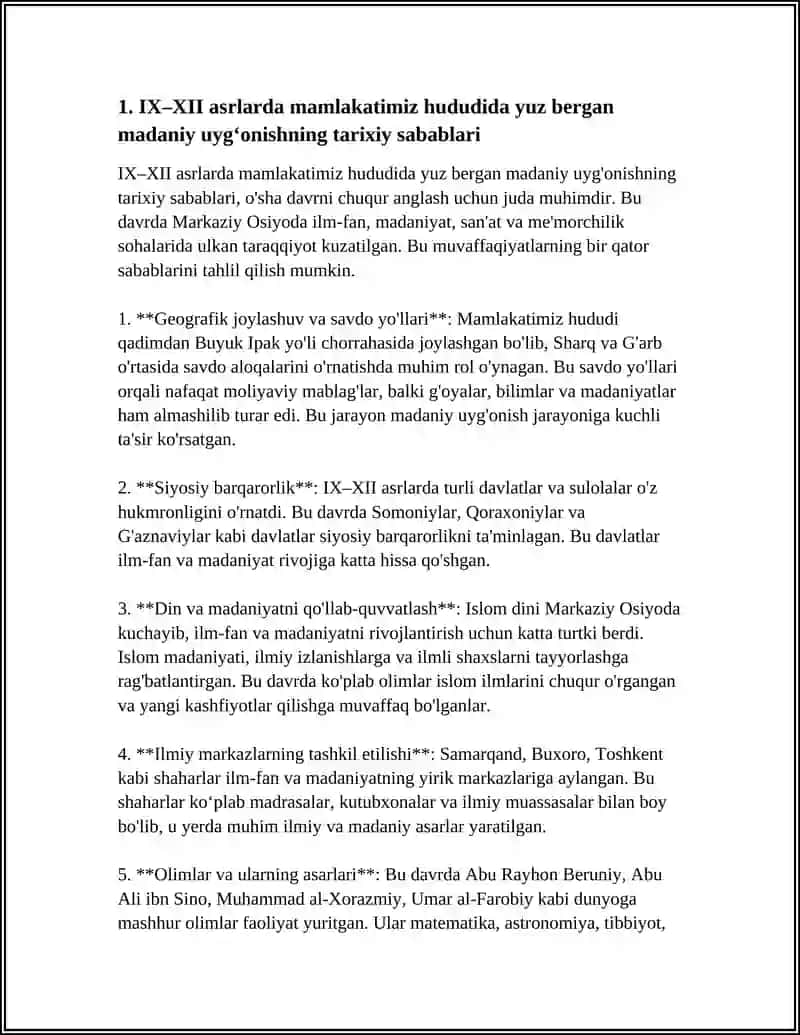 IX-XII ASRLARDA MAMLAKATIMIZ HUDUDIDA RO‘Y BERGAN MADANIY UYG‘ONISH (RENESSANS) 4