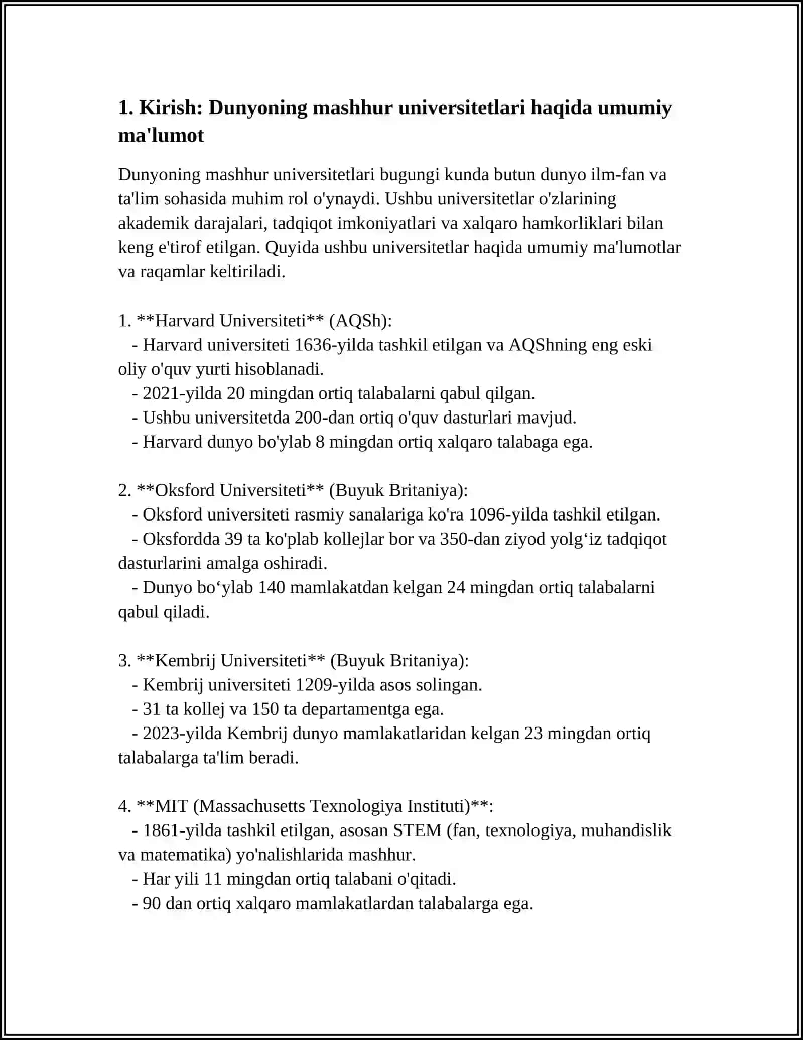 DUNYONING MASHHUR UNIVERSITETLARIDAN BIRI HAQIDA REFERAT 4