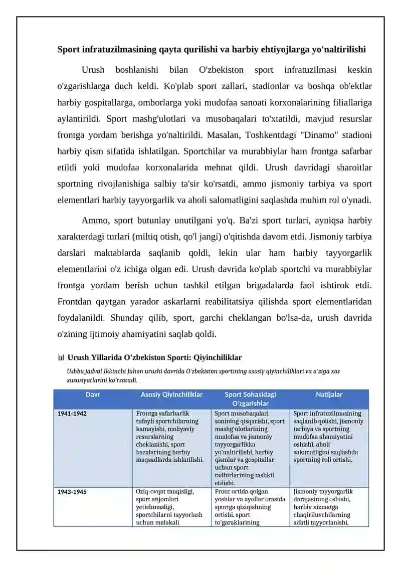 2-jahon urish yillarida va mustaqillik yillarigacha oʻzbekiston sportining rivojlanish hususiyatlari 4