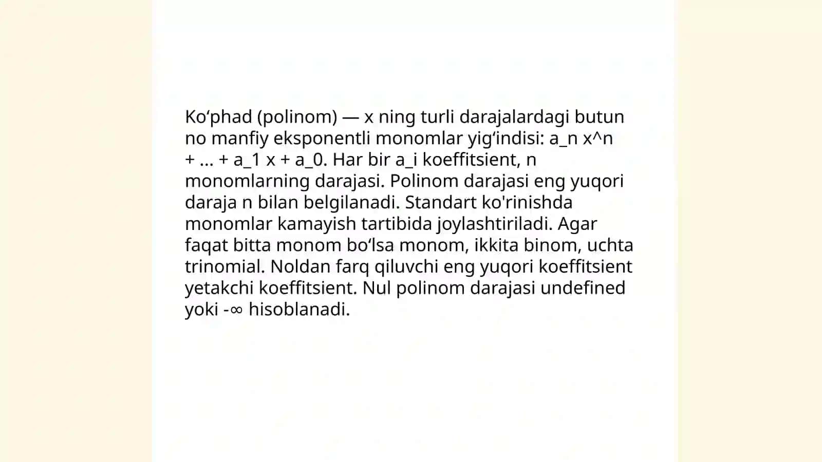Matematikada birhadlar va ko'phadlar 4