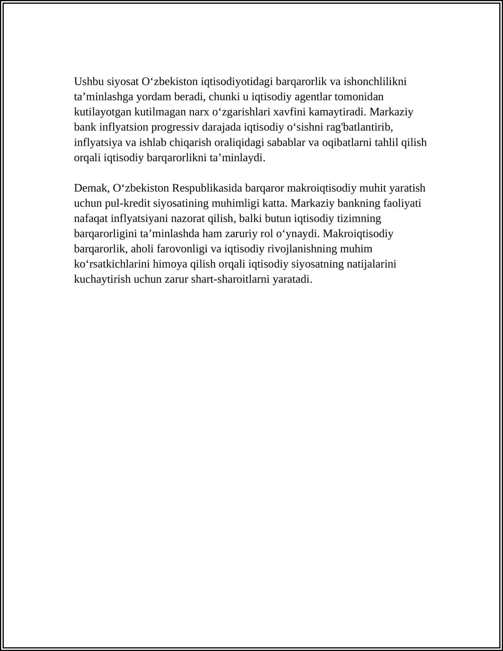 OʼZBEKISTON RESPUBLIKASINING MAKROIQTISODIY BARQARORLIKNI TAʼMINLASH YOʼLLARI 4