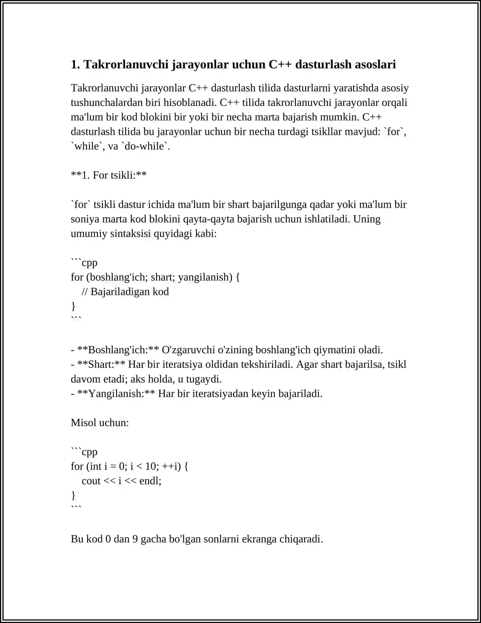 C++ TILIDA SIKLLARDAN FOYDALANIB TAKRORLANUVCHI JARAYONLARNI DASTURLASH 4