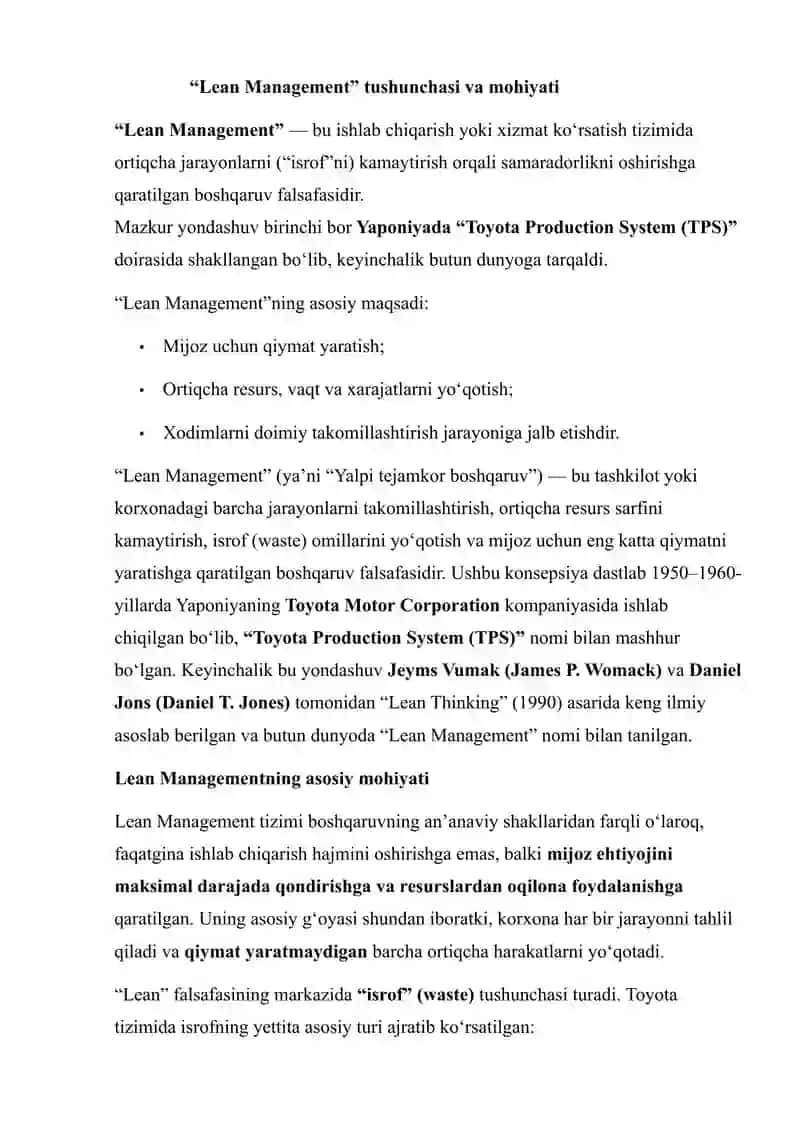 ISHLASH JARAYONINI SODDALASHTIRISH UCHUN “LEAN MANAGEMENT” USULINI QO‘LLASH: MUAMMONI ANIQLASH VA YECHIMLARNI LOYIHA SHAKLIDA ISHLAB CHIQISH 4