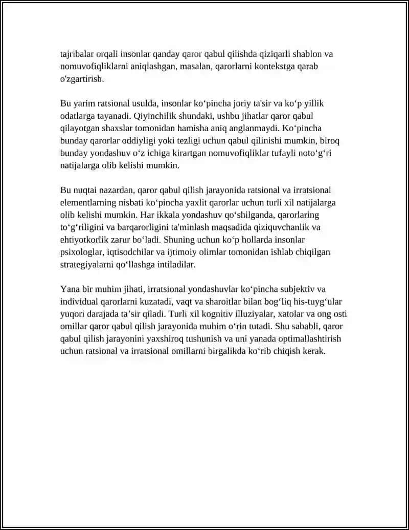 QAROR QABUL QILISH PSIXOLOGIYASI: RATSIONAL VA IRRATSIONAL OMILLARNING ROLI 4