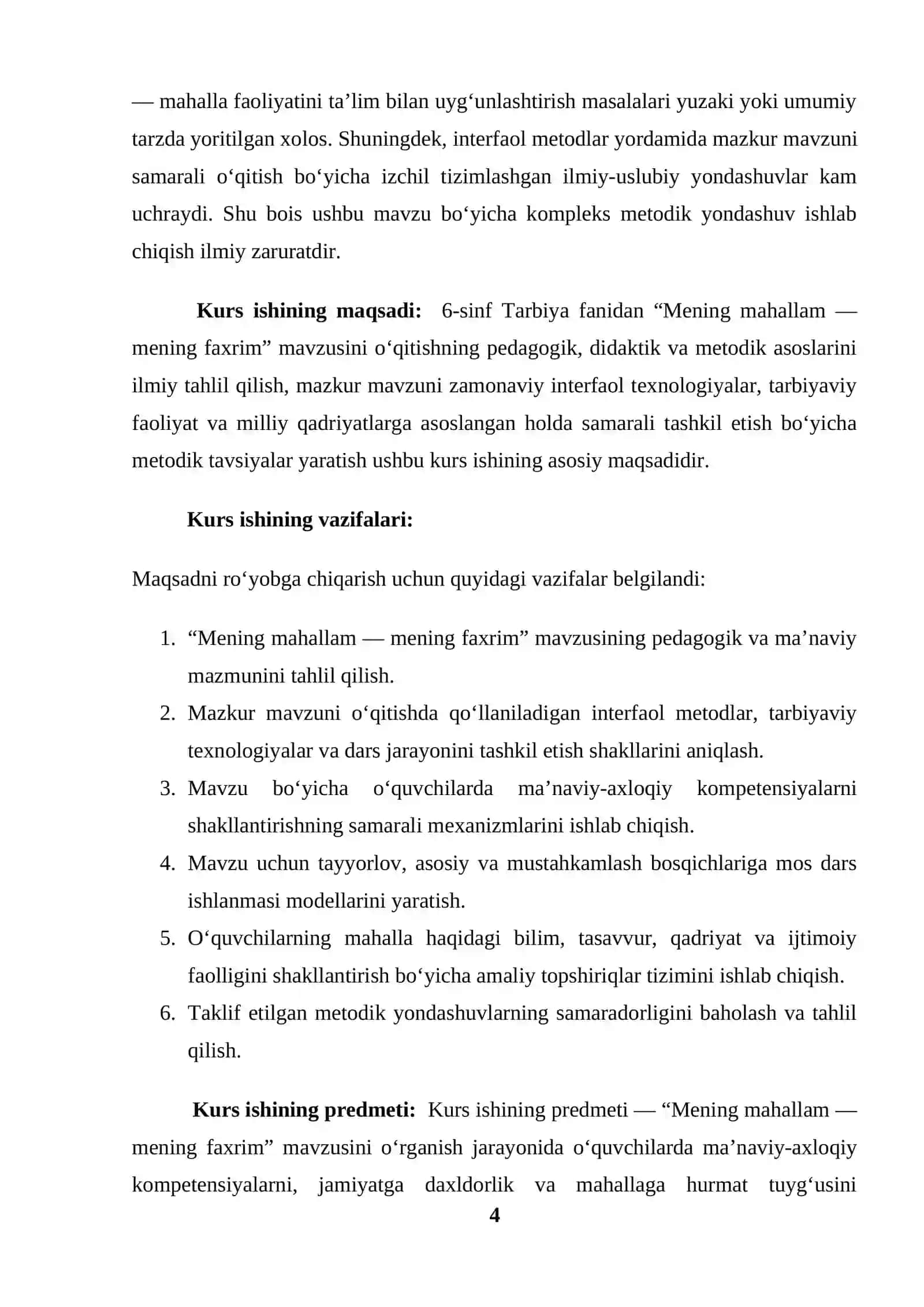 6-sinf Tarbiya fanidan “Mening mahallam-mening faxrim” mavzusini o‘qitish metodikasi 4