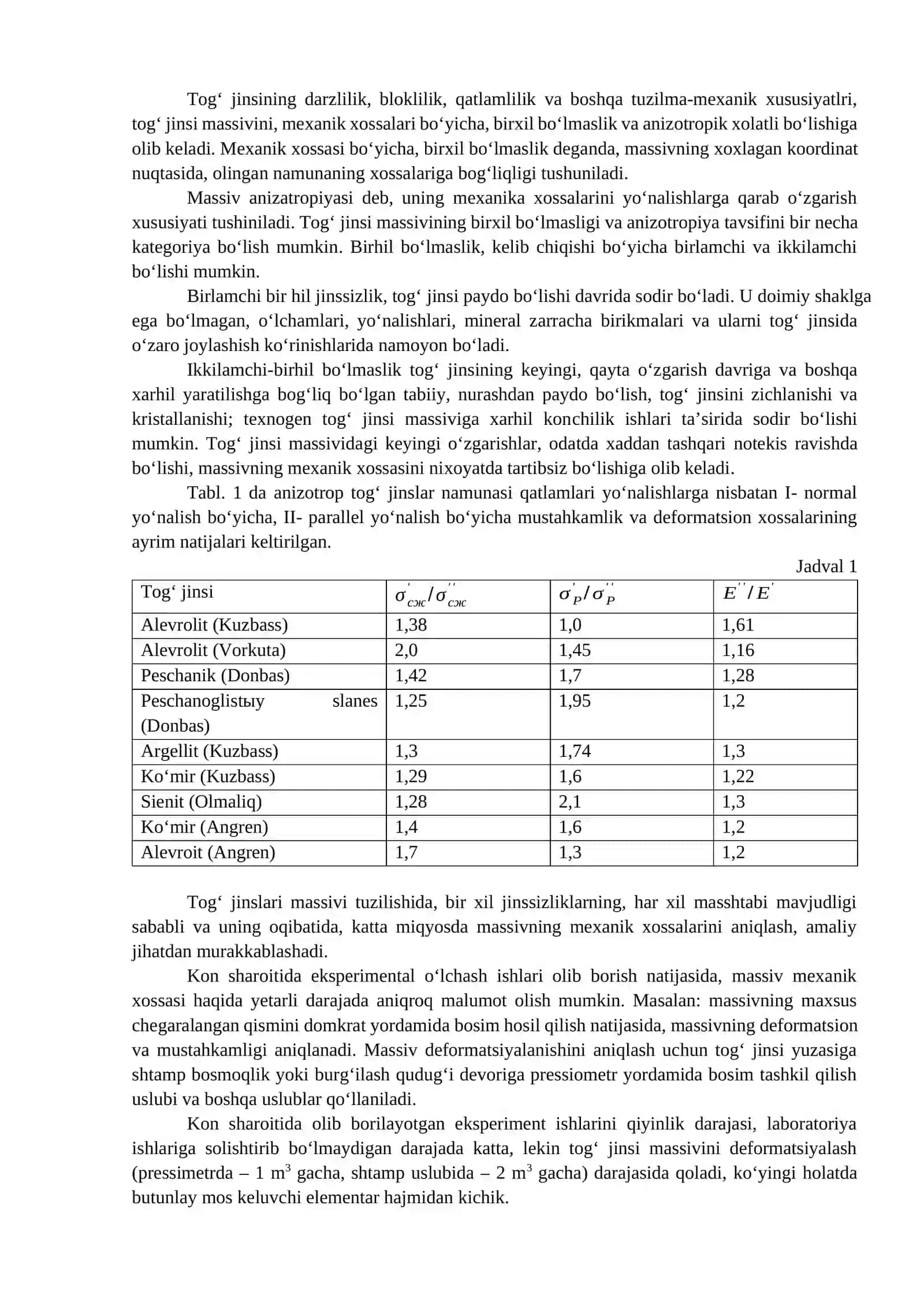 Tog‘ jinslar massivining umumiy tabiiy va texnogen tuzilma mexanik xususiyati 4