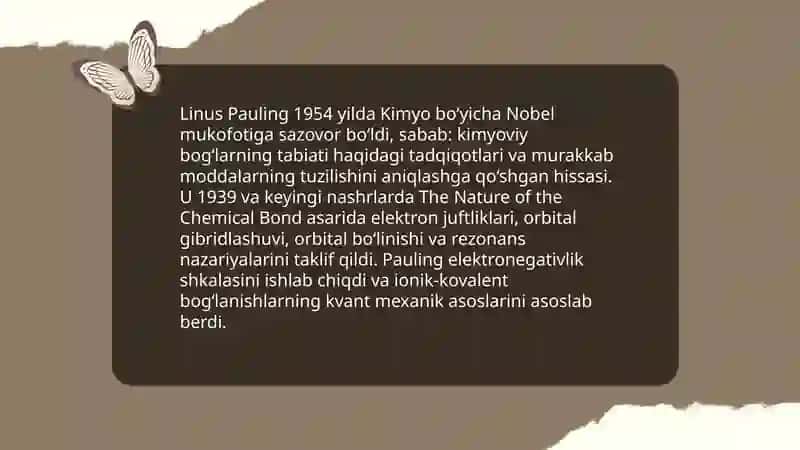 Kimyo sohasidagi Nobel mukofoti sovrindorlari va yutuqlari 4