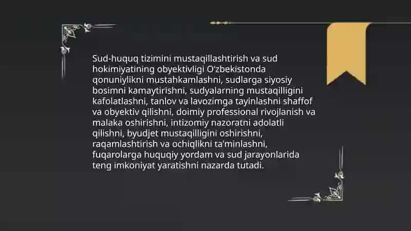 Oʻzbekistonda huquqiy siyosiy islohorlarning amalga oshirilishi, demokratik jamiyatni shakllantirish yoʻlidagi islohotlar 4